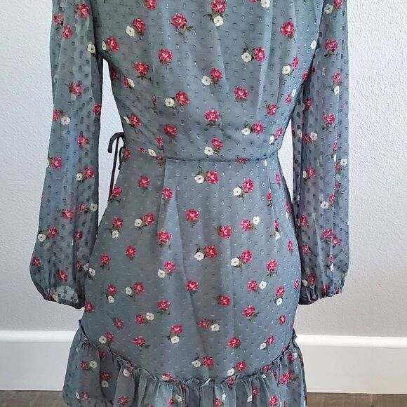 WAYF Women’s Wrap Dress XS Blue Pink Floral Long Sleeve Sheer Romantic - Picture 7 of 13